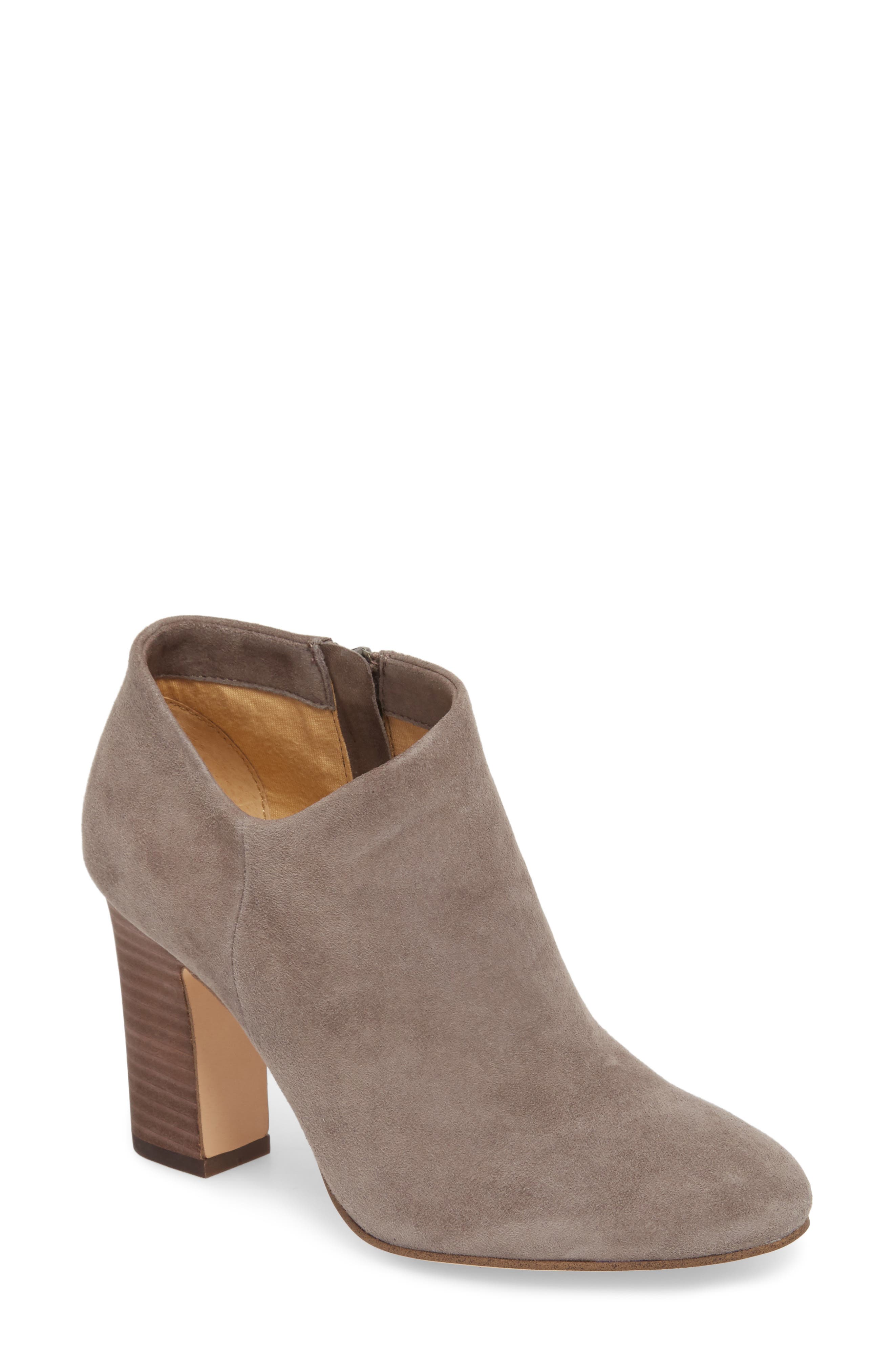 Neves Stack Heel Bootie, Main, color, LIGHT CHARCOAL SUEDE