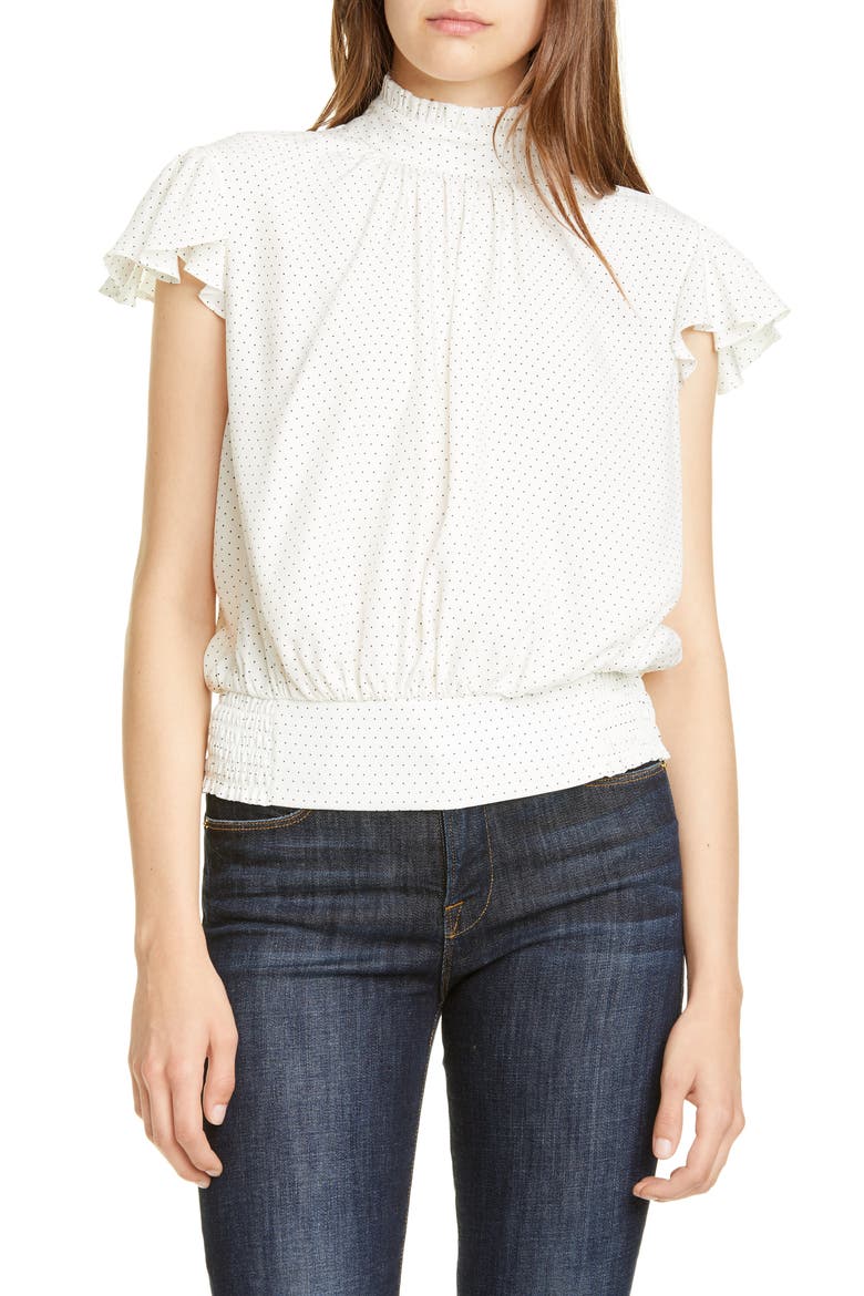 Ruffle Smocked Silk Top, Main, color, OFF WHITE MULTI