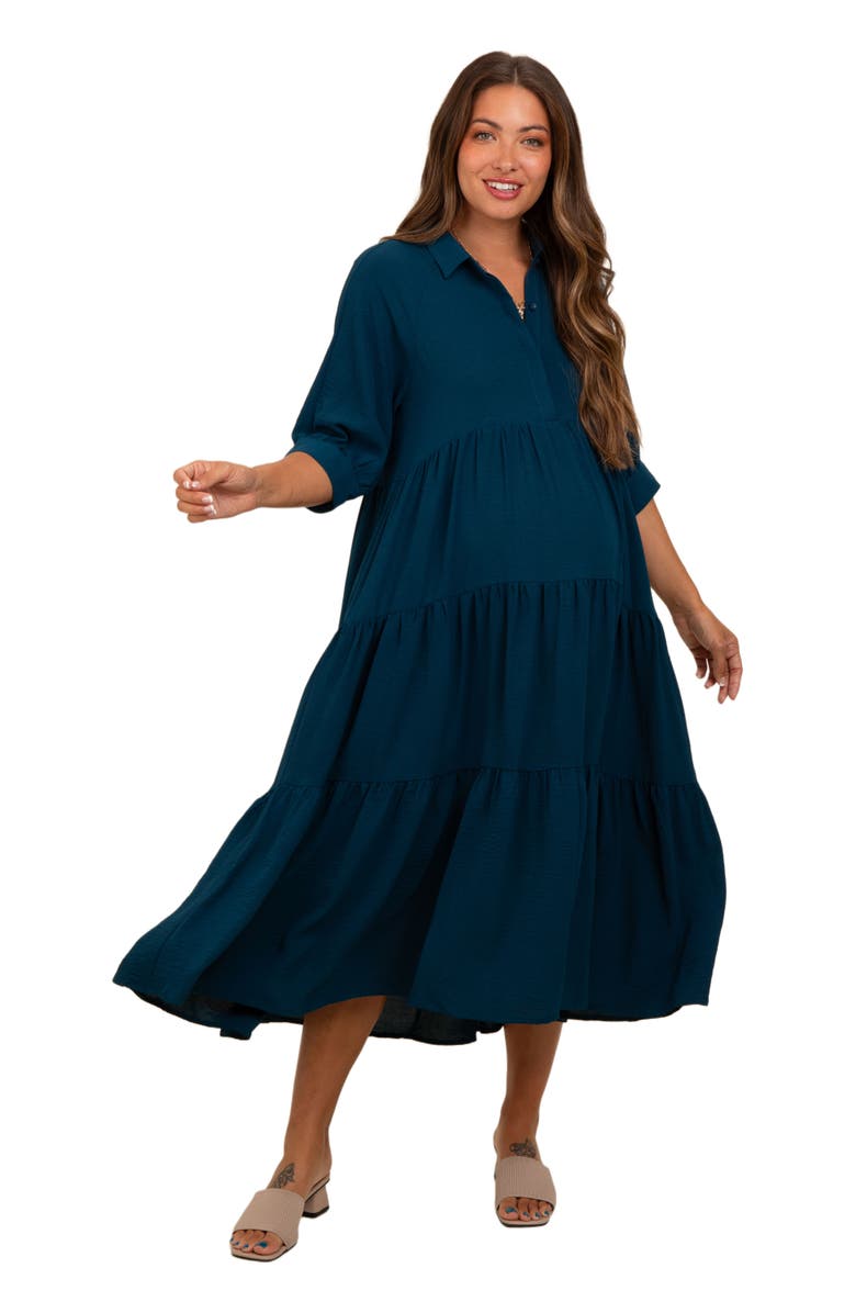 PinkBlush Collared Button Up Tiered Midi Dress, Alternate, color, Dark Teal