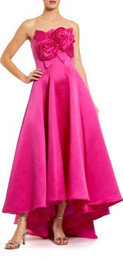 Mac Duggal Strapless Satin High Low Gown With 3D Flowers
