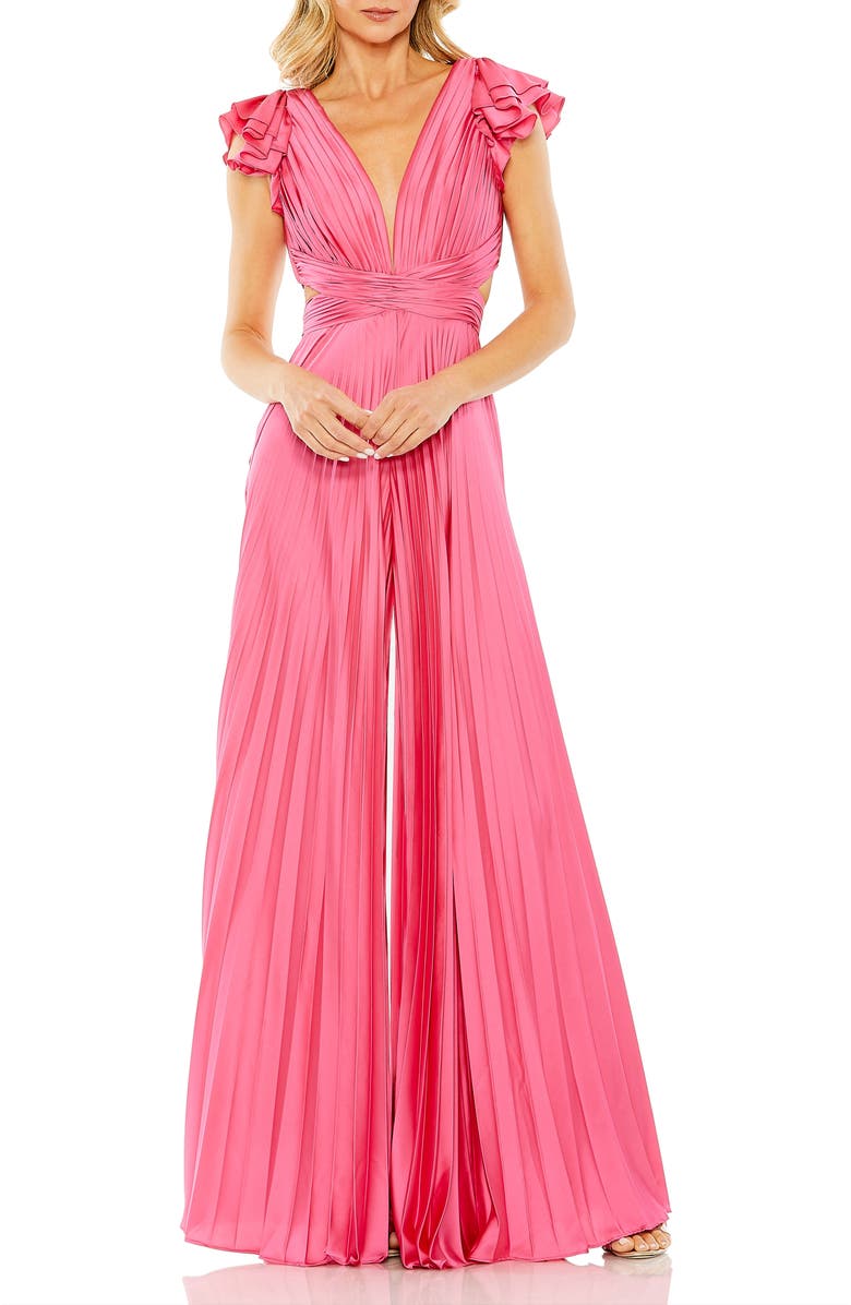 Mac Duggal Ruffle Cap Sleeve Cutout Heat Pleated Jumpsuit, Main, color, Candy Pink