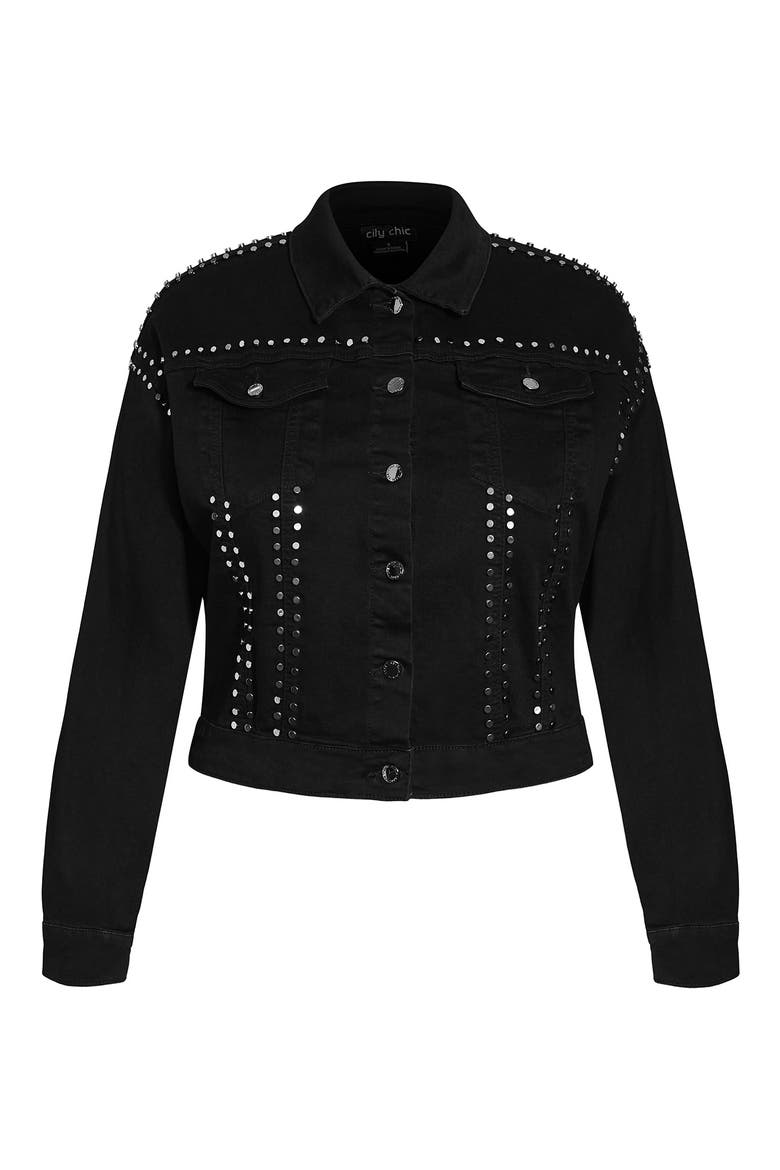 Rock Stud Denim Jacket, Alternate, color, BLACK
