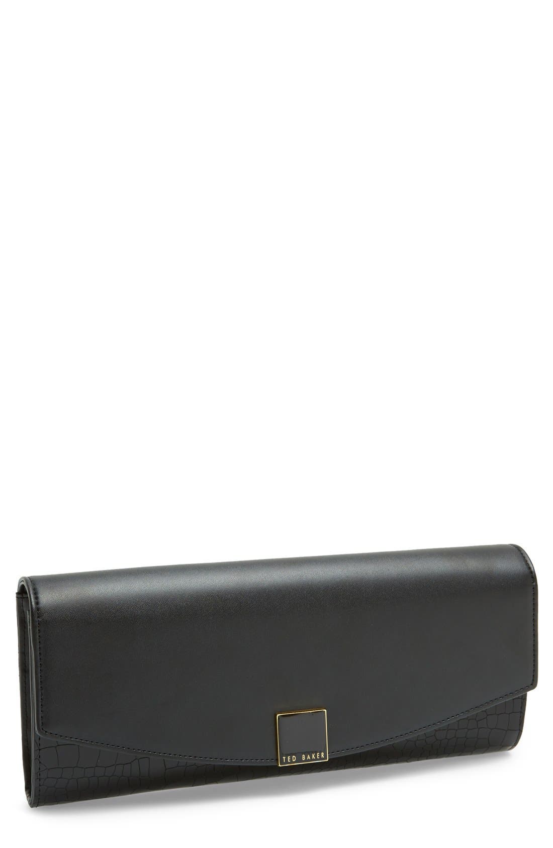 Croc Embossed Leather Clutch, Main, color, BLACK