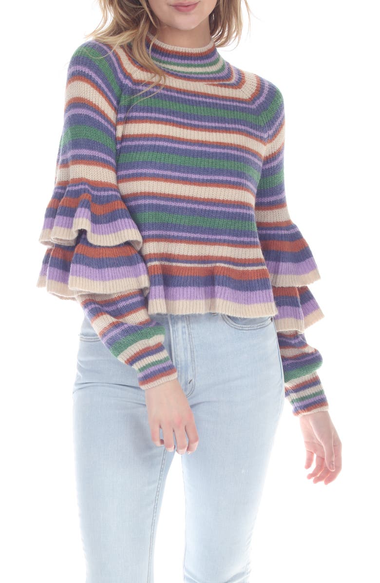RAIN AND ROSE Stripe Ruffle Sleeve Peplum Sweater, Main, color,