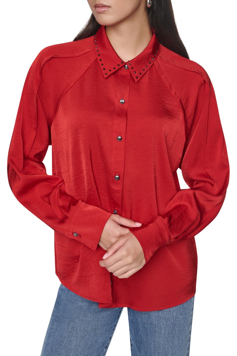 Studded Collar Long Sleeve Button Down Shirt, Main, color, VIBRANT RED