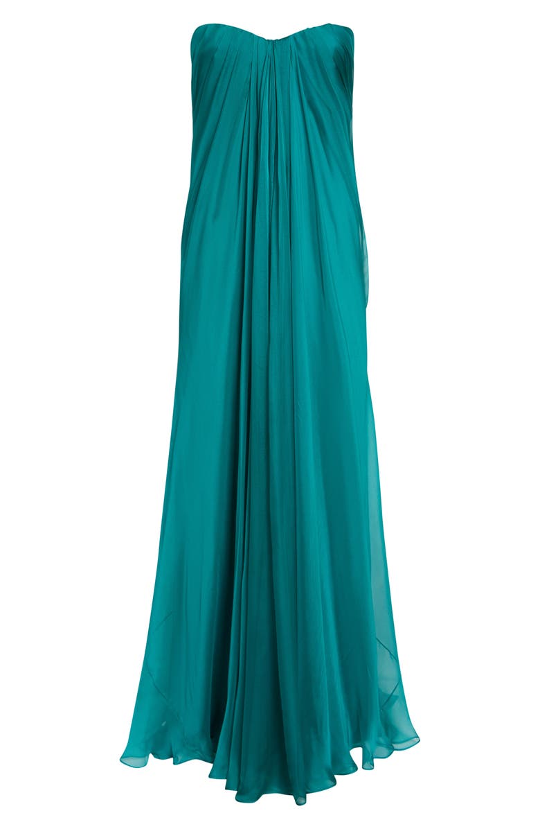 McQueen Draped Strapless Silk Chiffon Gown, Alternate, color, Peacock