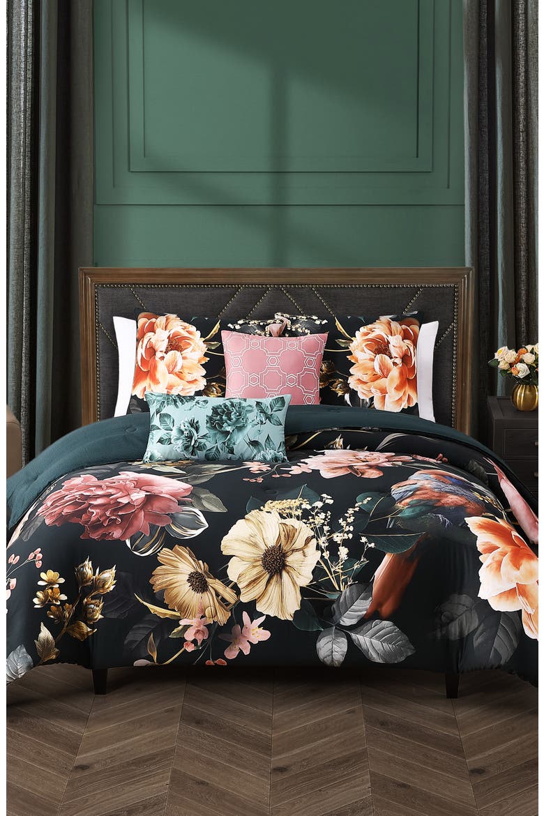Botanical Birds Reversible Cotton Sateen Comforter Set, Main, color, BLACK