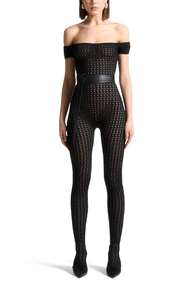 Martine Pointelle Knit Bardot Jumpsuit with Belt, Alternate, color, Black