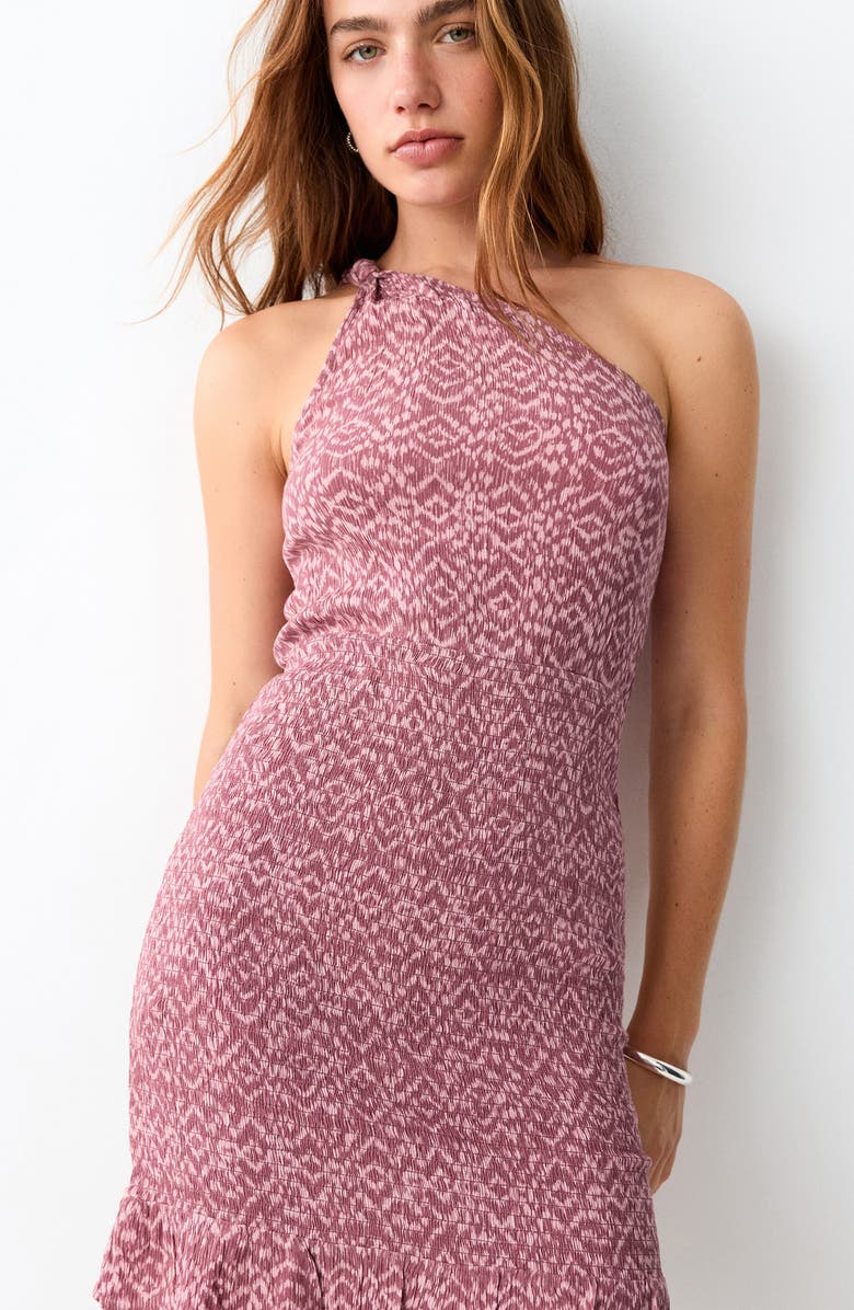 MANGO TEEN Print Smocked One Shoulder Minidress, Alternate, color, Pastel Pink