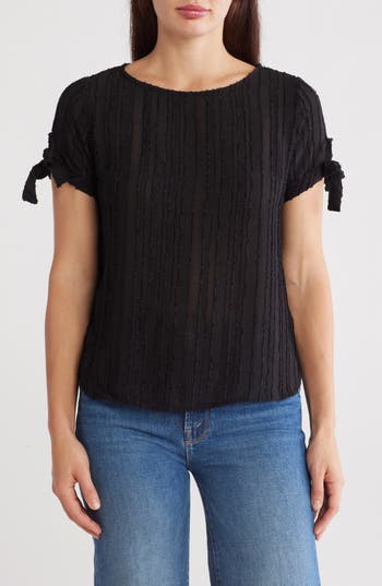 Renee C Semisheer Stripe Short Sleeve Top In Black