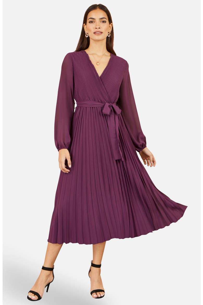 Pleated Wrap Midi Dress, Alternate, color, Purple