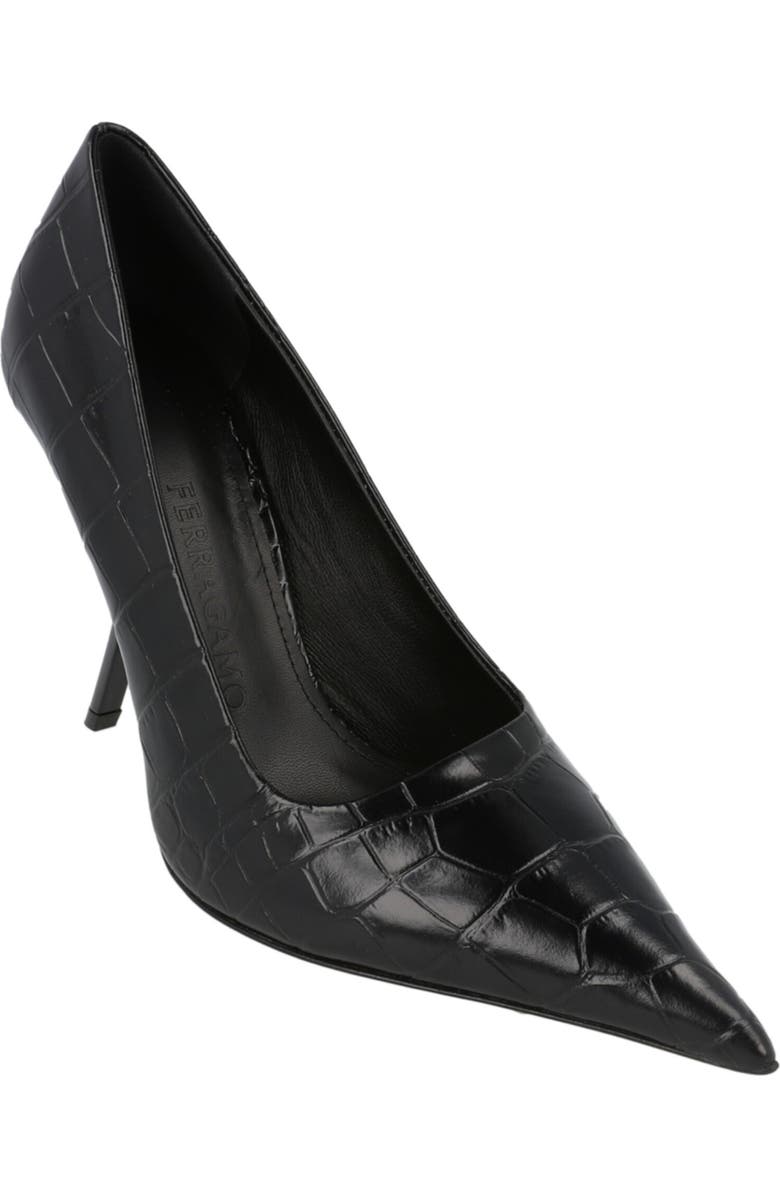 FERRAGAMO Eva Croc Embossed Leather Pump, Main, color, Black
