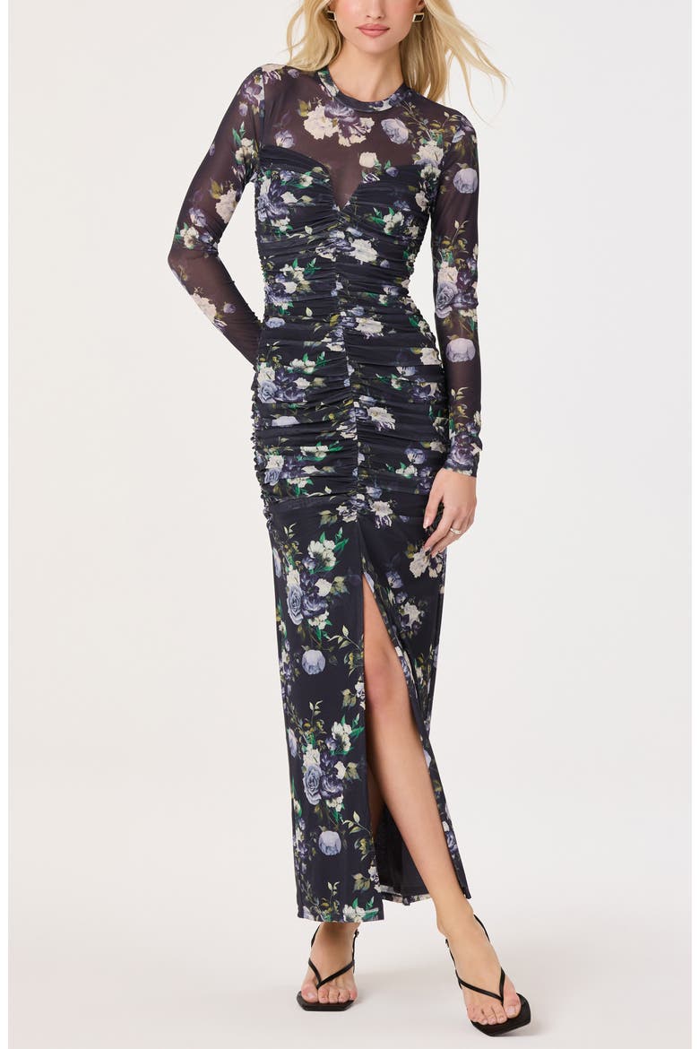 Floral Ruched Long Sleeve Mesh Dress, Alternate, color, BLUE MULTI FLORAL