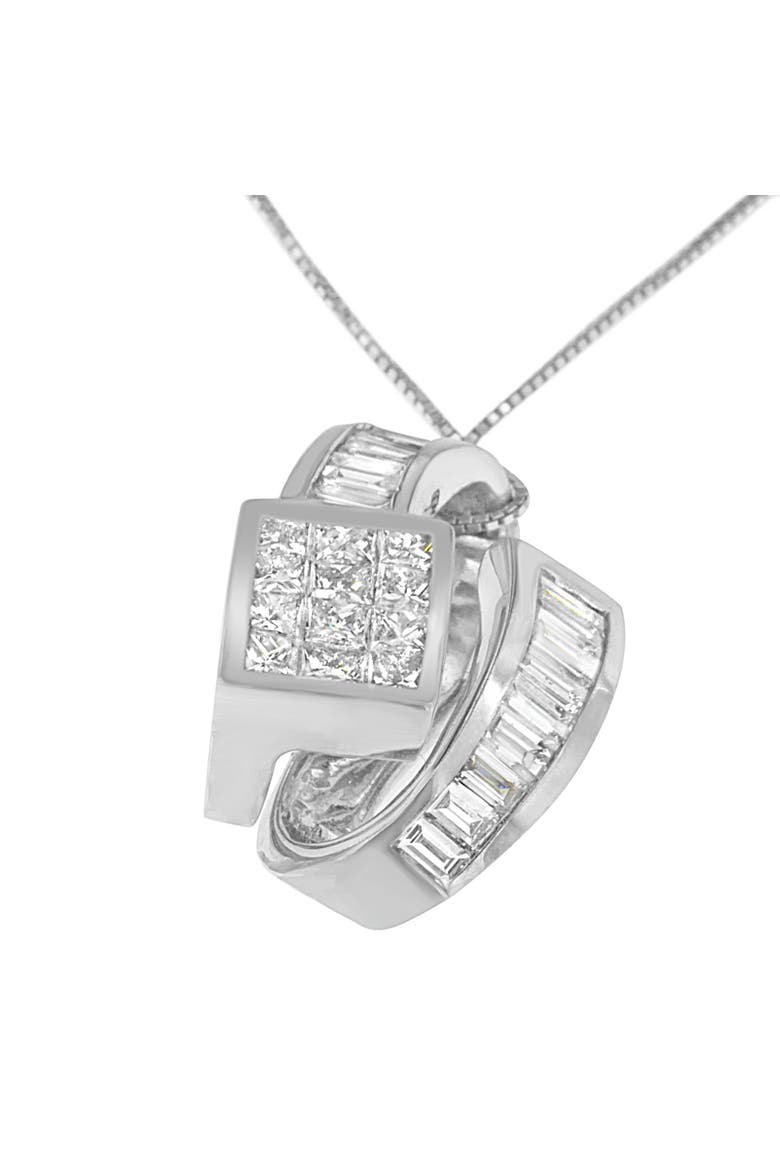14K White Gold 2 cttw Princess and Baguette Cut Diamond Double Loop Pendant Necklace, Alternate, color, White