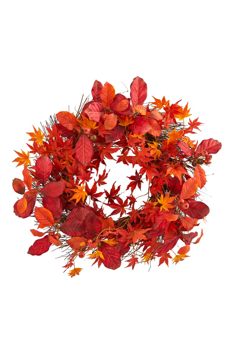 NEARLY NATURAL 22-in Japanese Maple, Magnolia Leaf and Berries Artificial Wreath, Main, color, Red/Orange