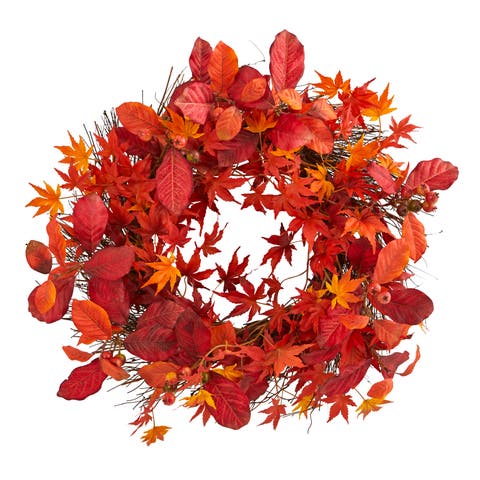22-in Japanese Maple, Magnolia Leaf and Berries Artificial Wreath
