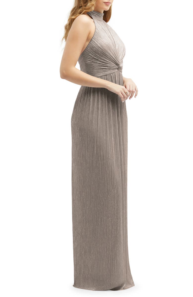 After Six Metallic Pleated Halter Column Gown, Alternate, color, Taupe Metallic