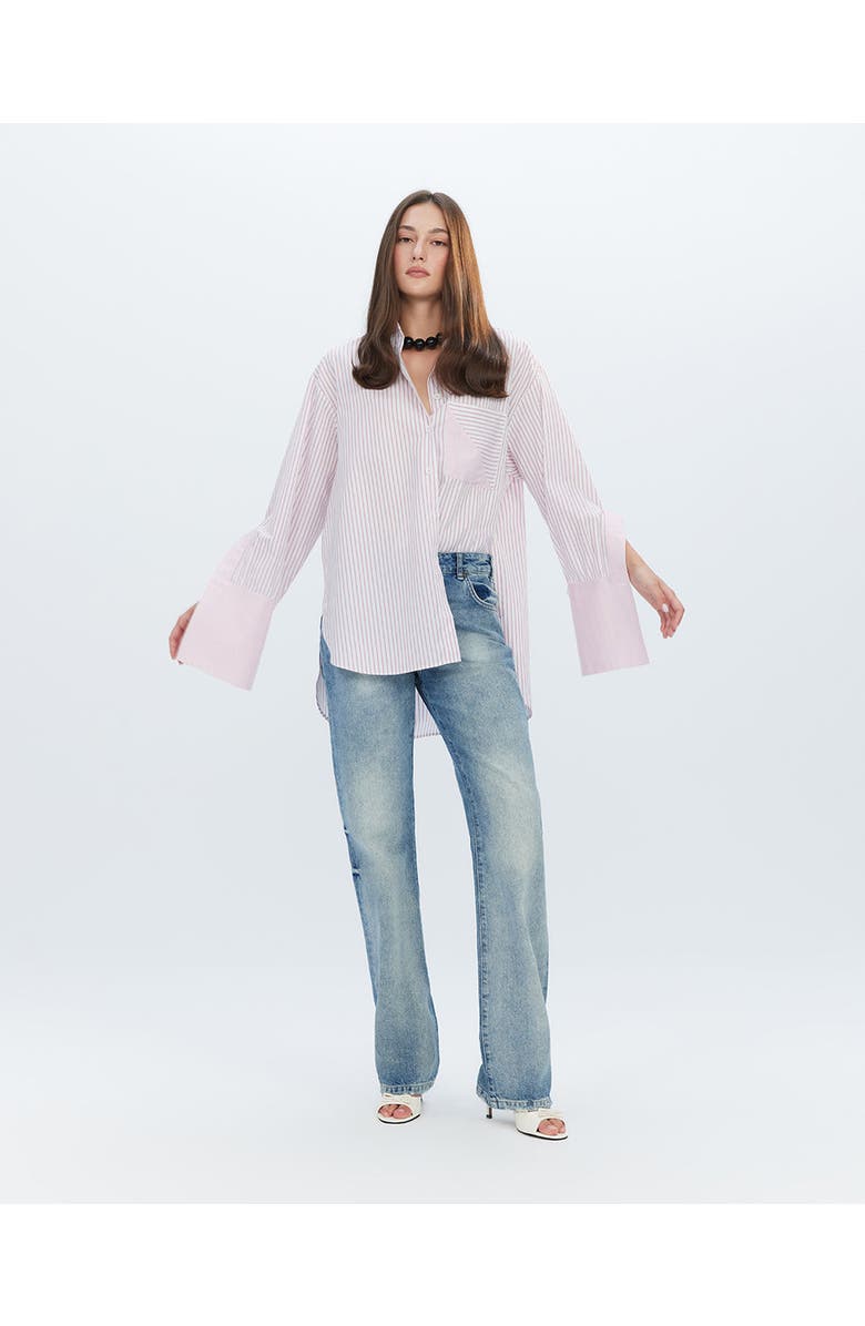 THEO The Label Echo Side Button Boyfriend Stripe Shirt, Alternate, color, Lantana