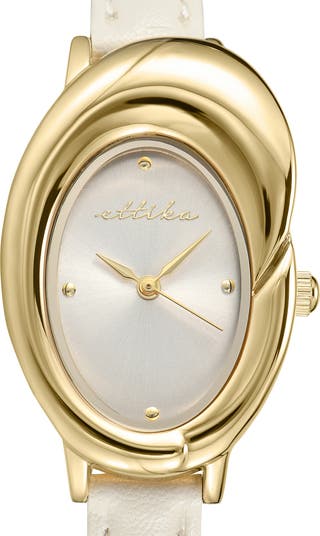 Sculpted Oval Leather Strap Watch