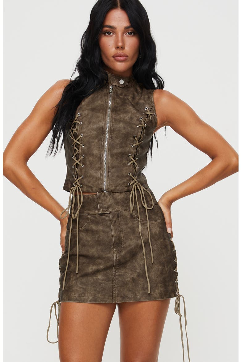 Ceejay Lace-Up Faux Leather Miniskirt, Alternate, color, BROWN
