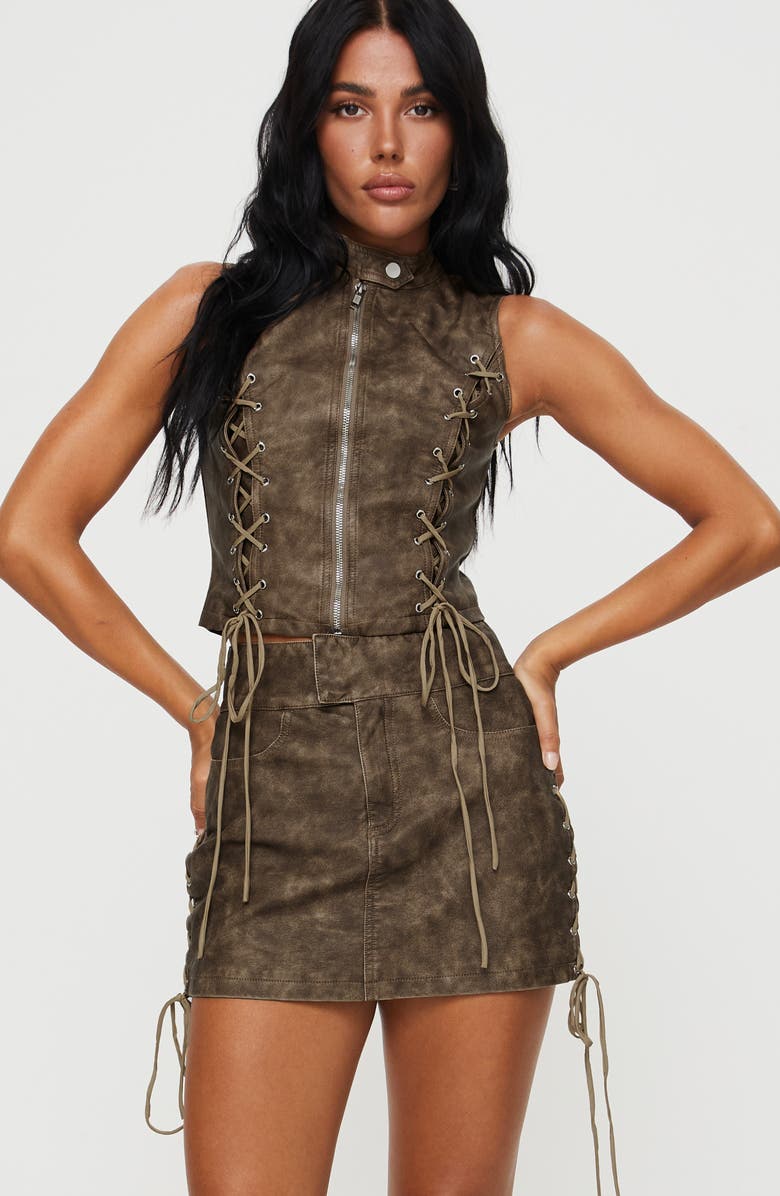 Princess Polly Ceejay Lace-Up Faux Leather Miniskirt, Alternate, color, Brown