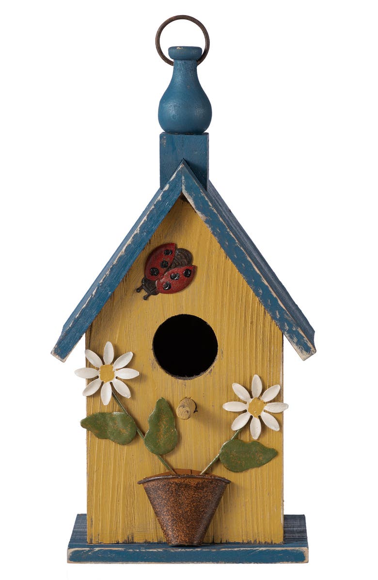 Glitzhome 12.25"H Distressed Solid Wood Cottage Garden Birdhouse with Bees and Flowers, Main, color, Yellow