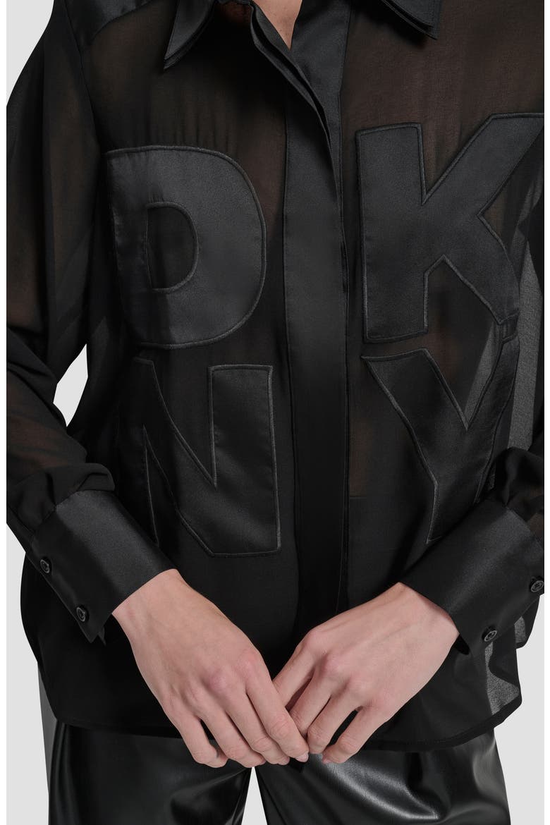 Chiffon Logo Sheer Button-Up Shirt, Alternate, color, BLACK