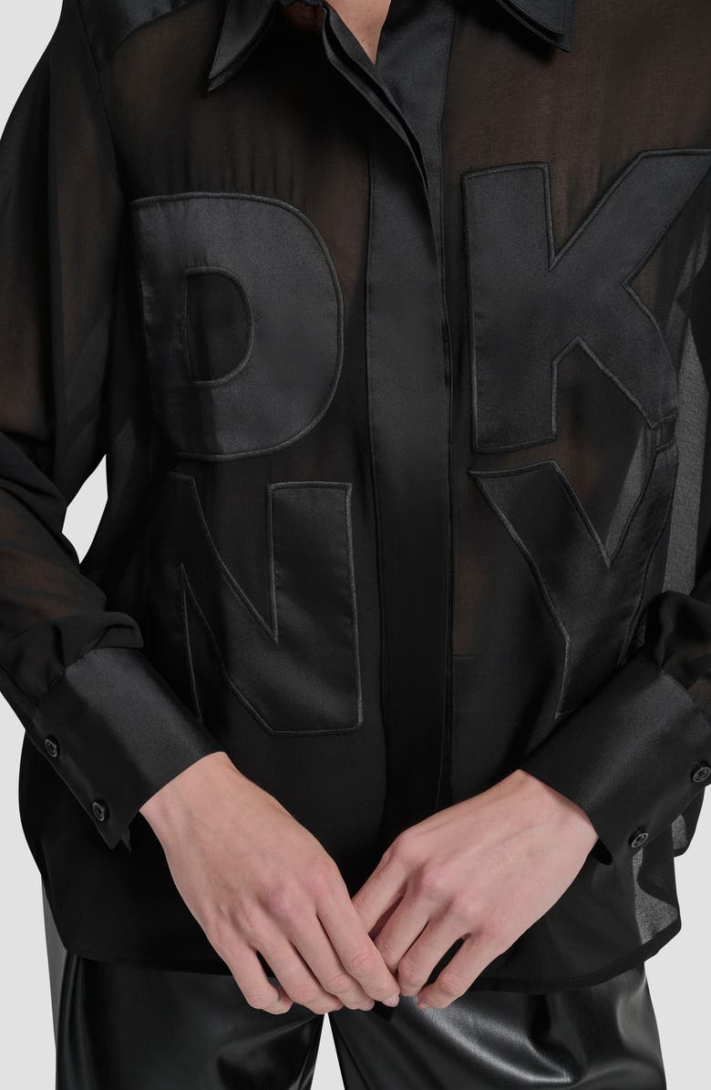 DKNY Chiffon Logo Sheer Button-Up Shirt, Alternate, color, Black