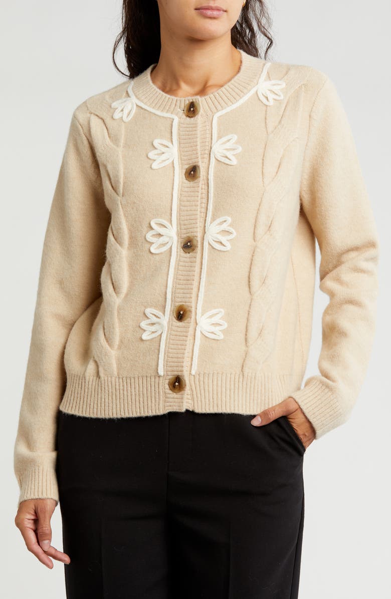 Gemma + Jane Cable Stitch Cardigan Sweater, Main, color, Beige