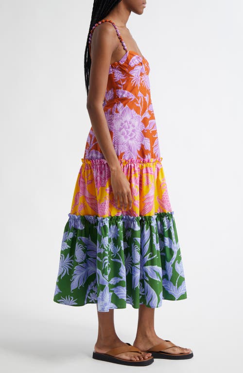Farm Rio Tropical Swing Mix Belted Cotton Midi Dress In Multi