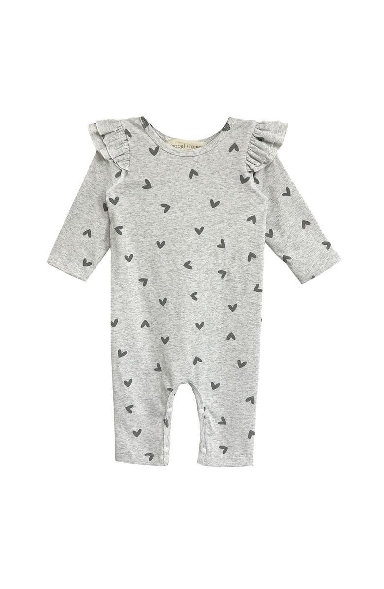 Mabel + Honey Mabel and Honey Heartfelt Romper, Grey Scattered-Heart Ruffled-Shoulder Baby Girl Romper, Long Sleeve., Main, color, Grey