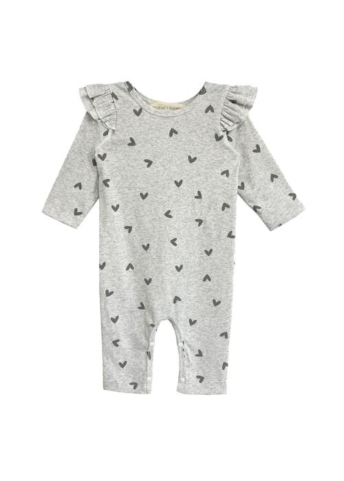 Mabel + Honey Mabel And Honey Heartfelt Romper, Grey Scattered-heart Ruffled-shoulder Baby Girl Romp In Gray