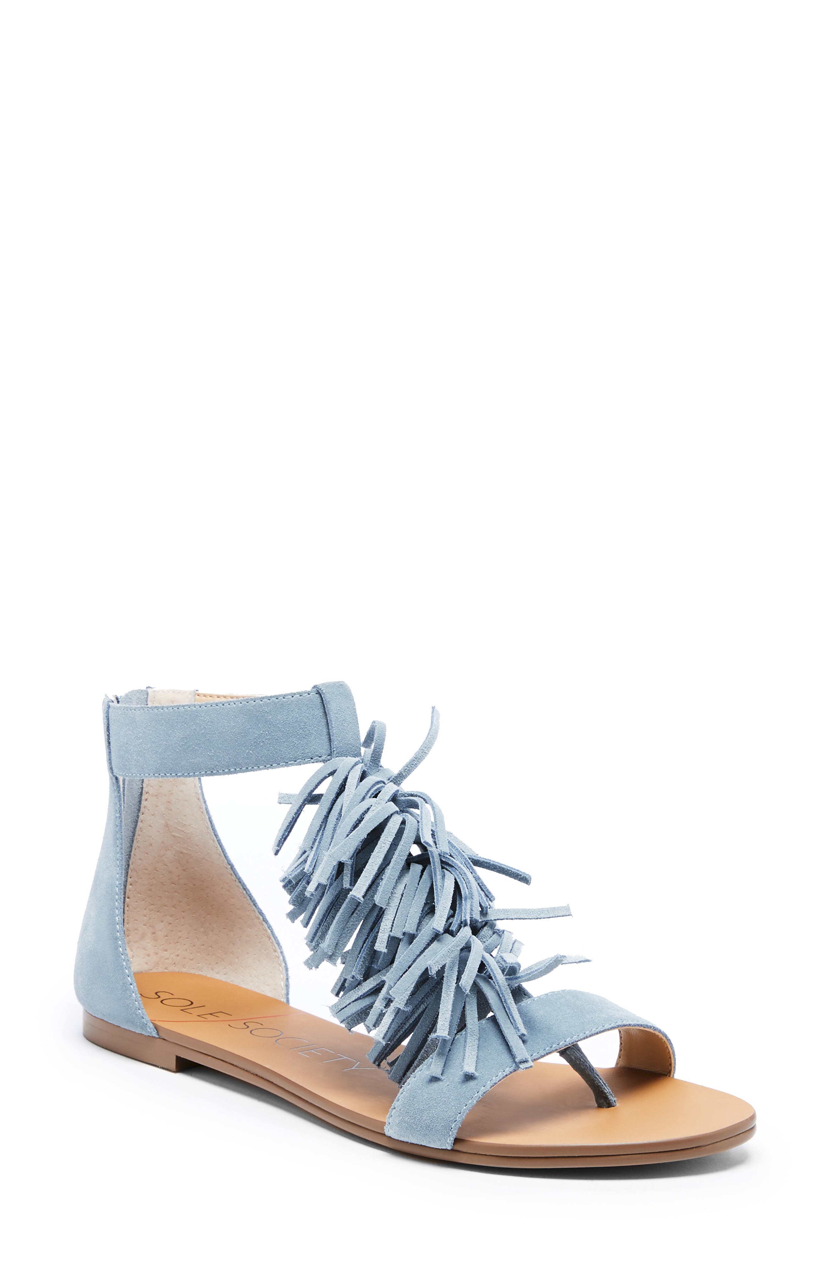 Koa Fringed T-Strap Sandal, Main, color, POWDER BLUE SUEDE