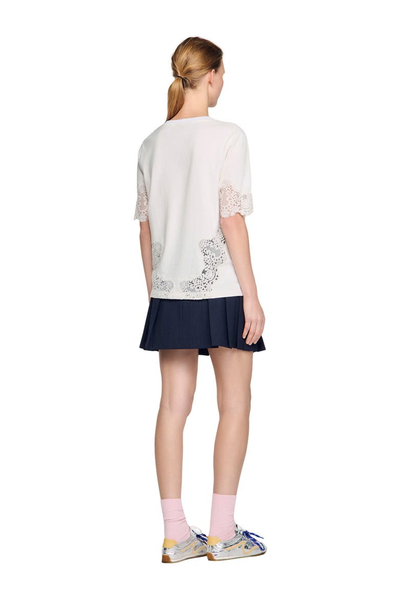 Cotton T-shirt with lace detail, Alternate, color, Ecru