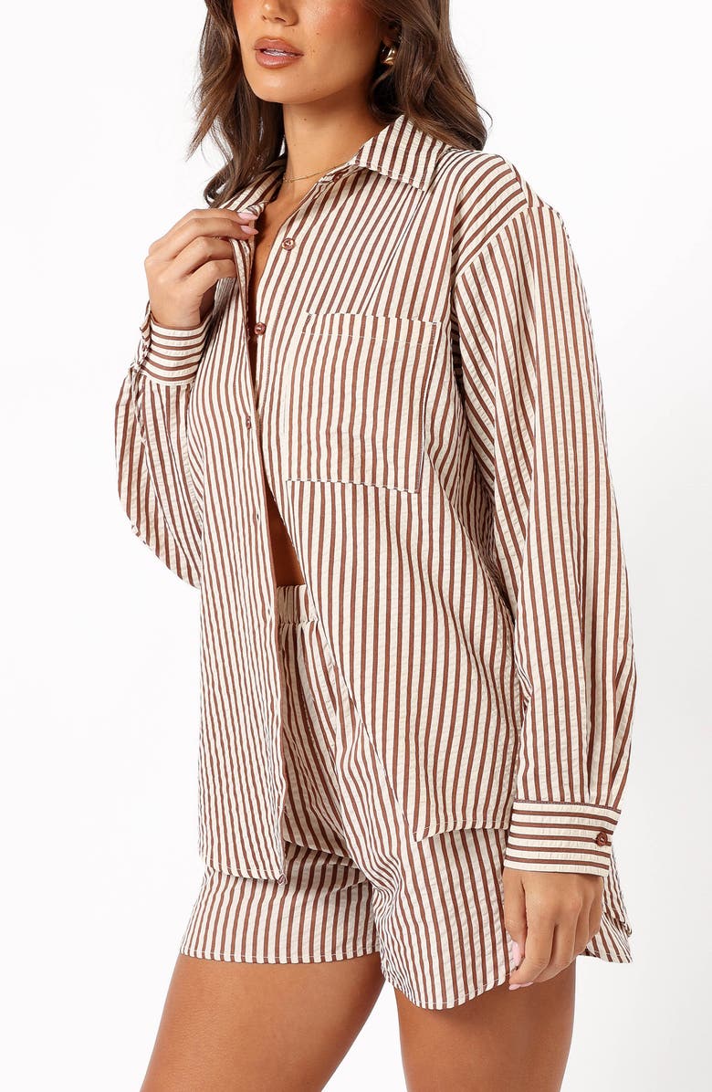 Petal & Pup Kennie Stripe Cotton Blend Seersucker Button-Up Shirt, Alternate, color, Brown Stripe