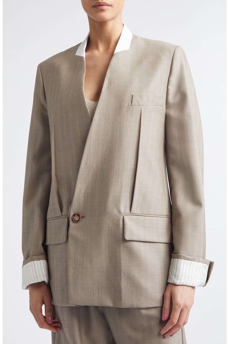 Collarless Virgin Wool Herringbone Blazer, Alternate, color, LIMESTONE