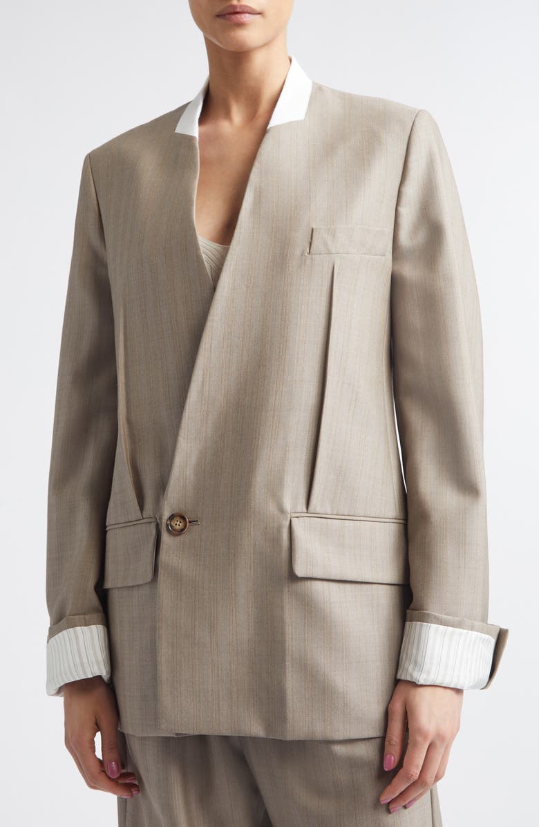 Victoria Beckham Collarless Virgin Wool Herringbone Blazer, Alternate, color, Limestone