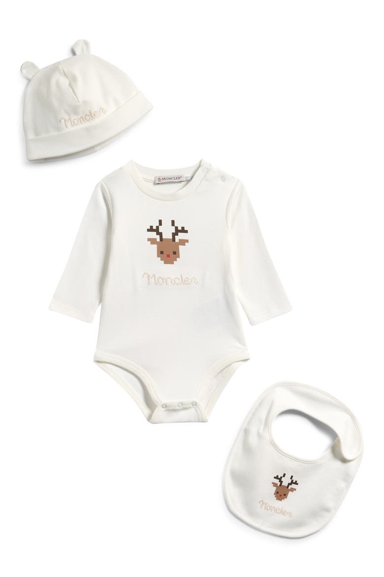 Reindeer Bodysuit, Cap & Bib Set, Main, color, WHITE