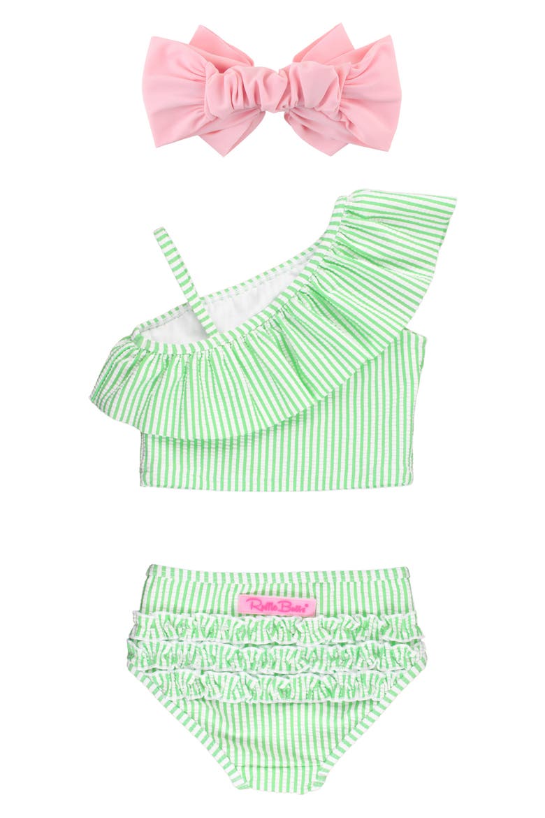 Kids' Seersucker Two-Piece Swimsuit & Headband Set, Alternate, color, GREEN