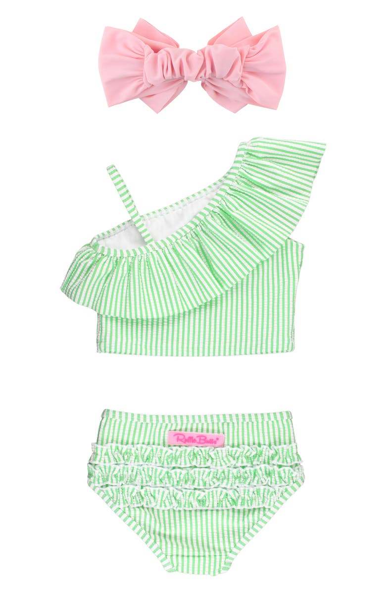 RuffleButts Kids' Seersucker Two-Piece Swimsuit & Headband Set, Alternate, color, Green