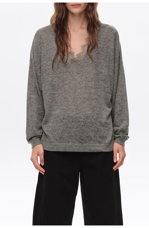 Long Wool Blend Lace Trim Sweater