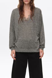 BIMBA Y LOLA Long Wool Blend Lace Trim Sweater