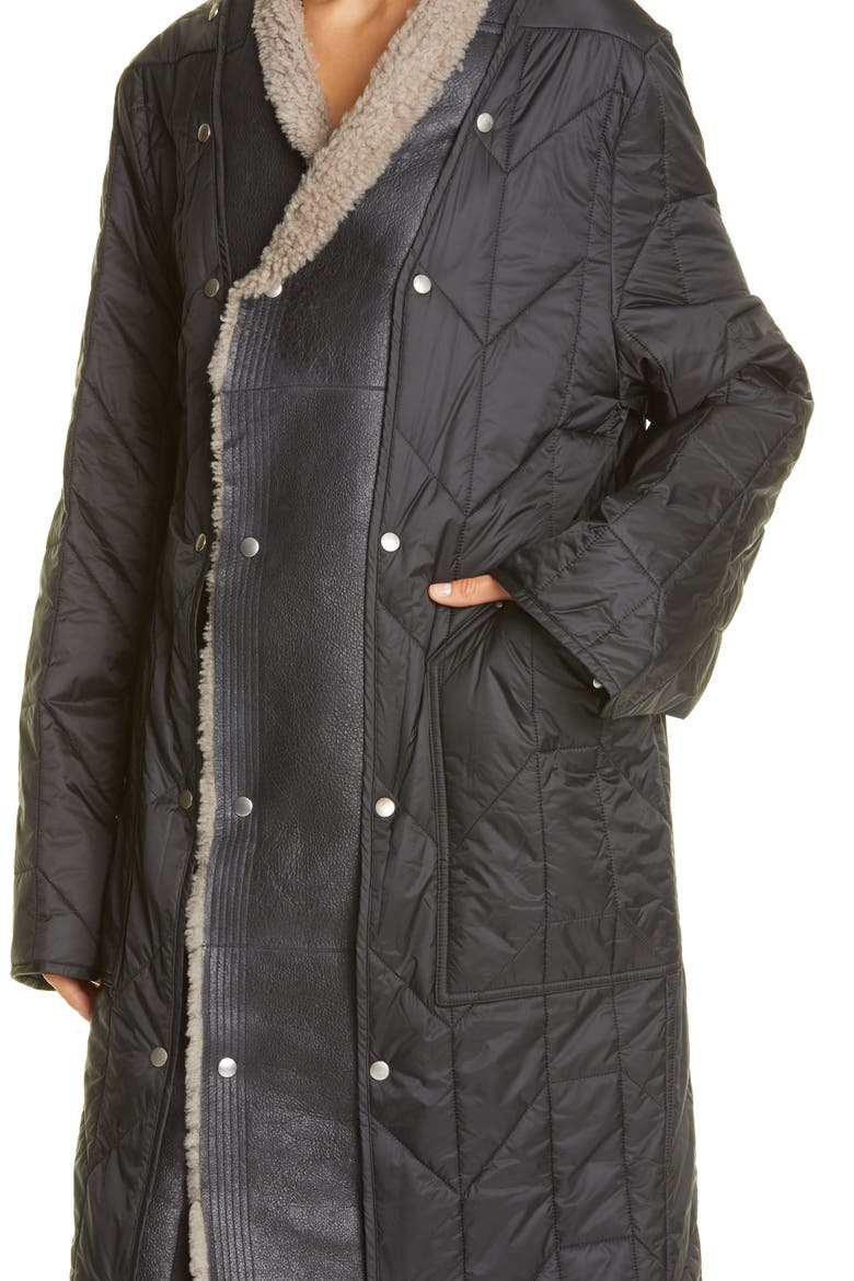 Quilted Coat with Removable Leather & Genuine Shearling Trim, Alternate, color, BLACK/ DIRT