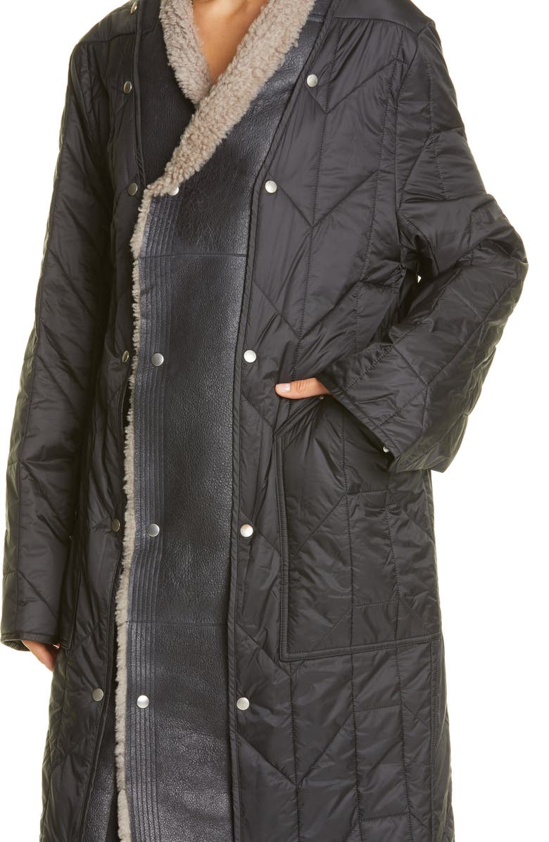 Rick Owens Quilted Coat with Removable Leather & Genuine Shearling Trim, Alternate, color,