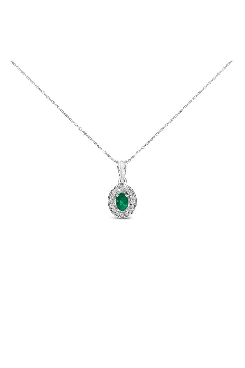 14K White Gold Oval 6x4 MM Green Emerald and Diamond Halo Pendant Necklace, Main, color, White