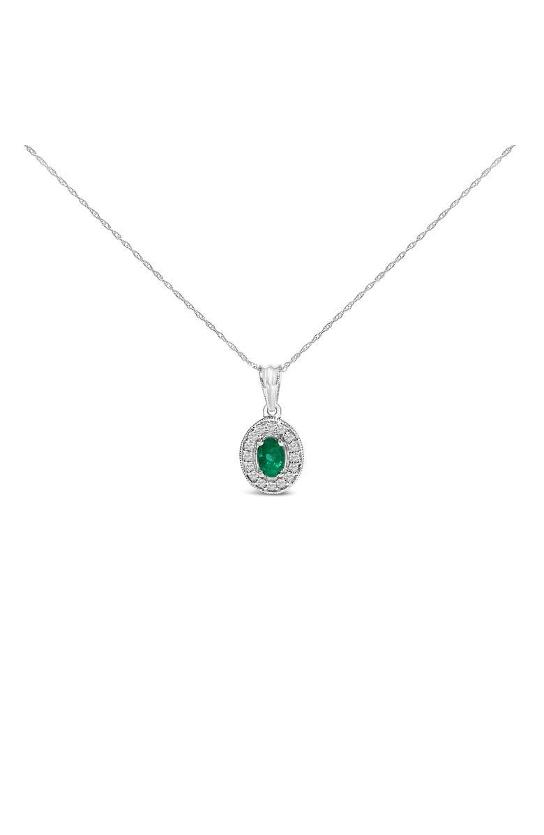 Haus of Brilliance 14K White Gold Oval 6x4 MM Green Emerald and Diamond Halo Pendant Necklace, Main, color, White