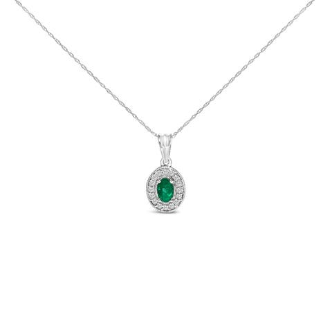 14K White Gold Oval 6x4 MM Green Emerald and Diamond Halo Pendant Necklace