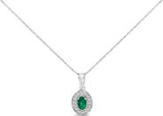 Haus of Brilliance 14K White Gold Oval 6x4 MM Green Emerald and Diamond Halo Pendant Necklace