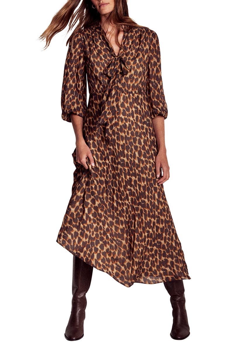 Leopard Print Tie Neck Midi Dress, Main, color, SAND ABSTRACT LEOPARD SPOT