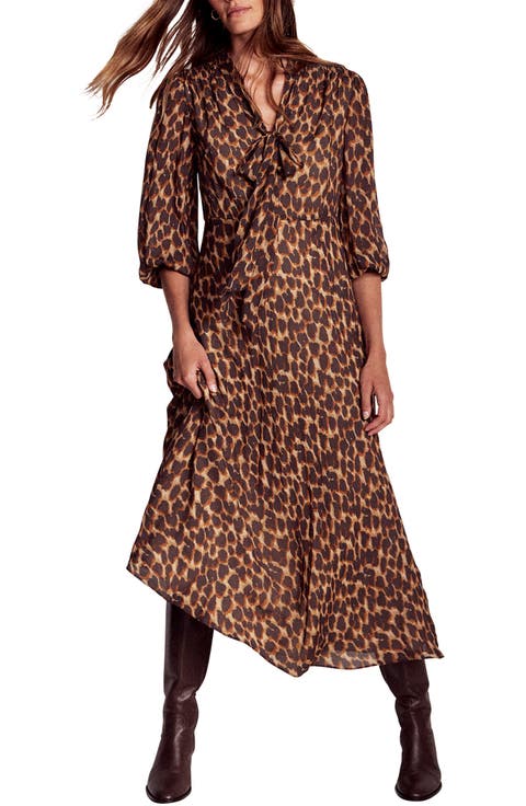 Leopard Print Tie Neck Midi Dress